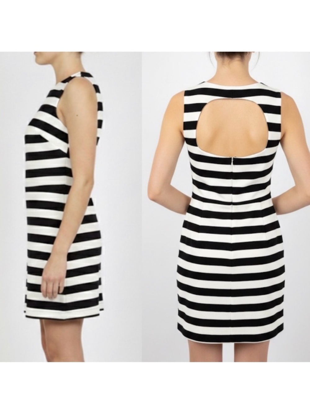 NWT Cynthia Steffe Sheath Dress Black White Stripes Open Back Sleeveless Size 8